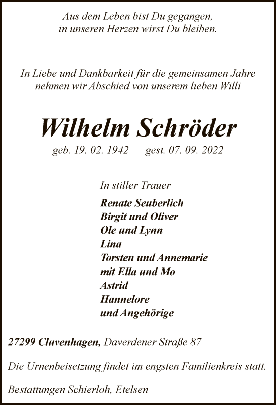 Traueranzeige von Wilhelm Schröder von SYK