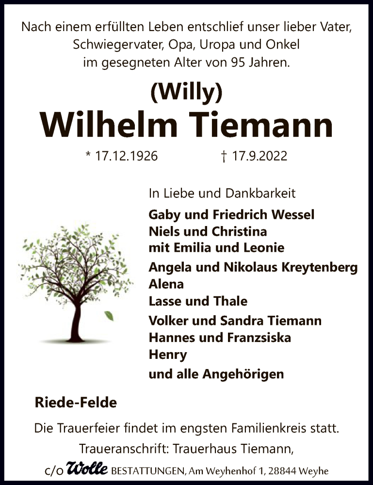 Traueranzeige für Wilhelm Tiemann vom 21.09.2022 aus SYK