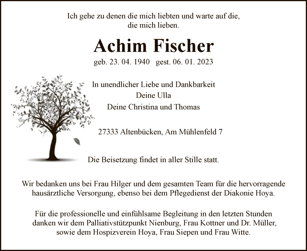  Traueranzeige für Achim Fischer vom 14.01.2023 aus SYK