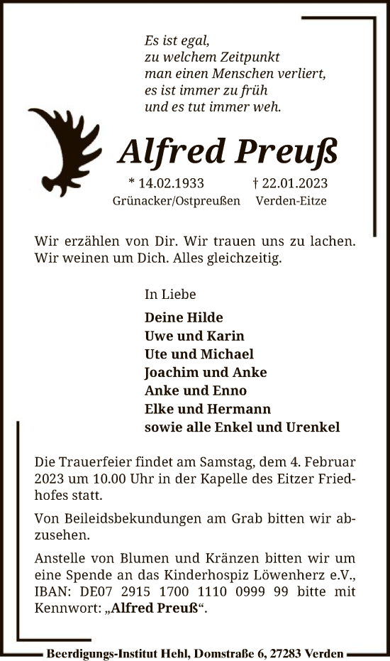 Traueranzeige von Alfred Preuß von SYK