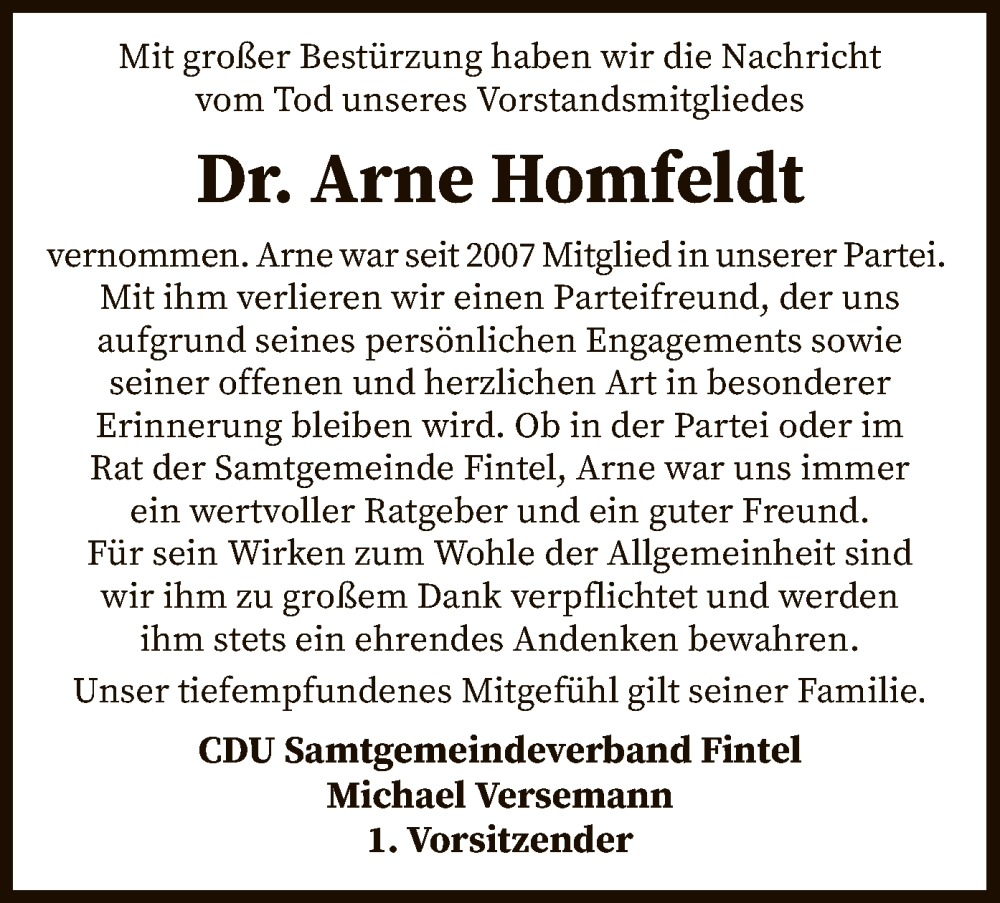  Traueranzeige für Arne Homfeldt vom 13.01.2023 aus SYK