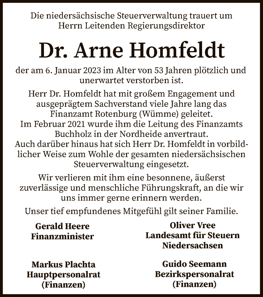  Traueranzeige für Arne Homfeldt vom 13.01.2023 aus SYK