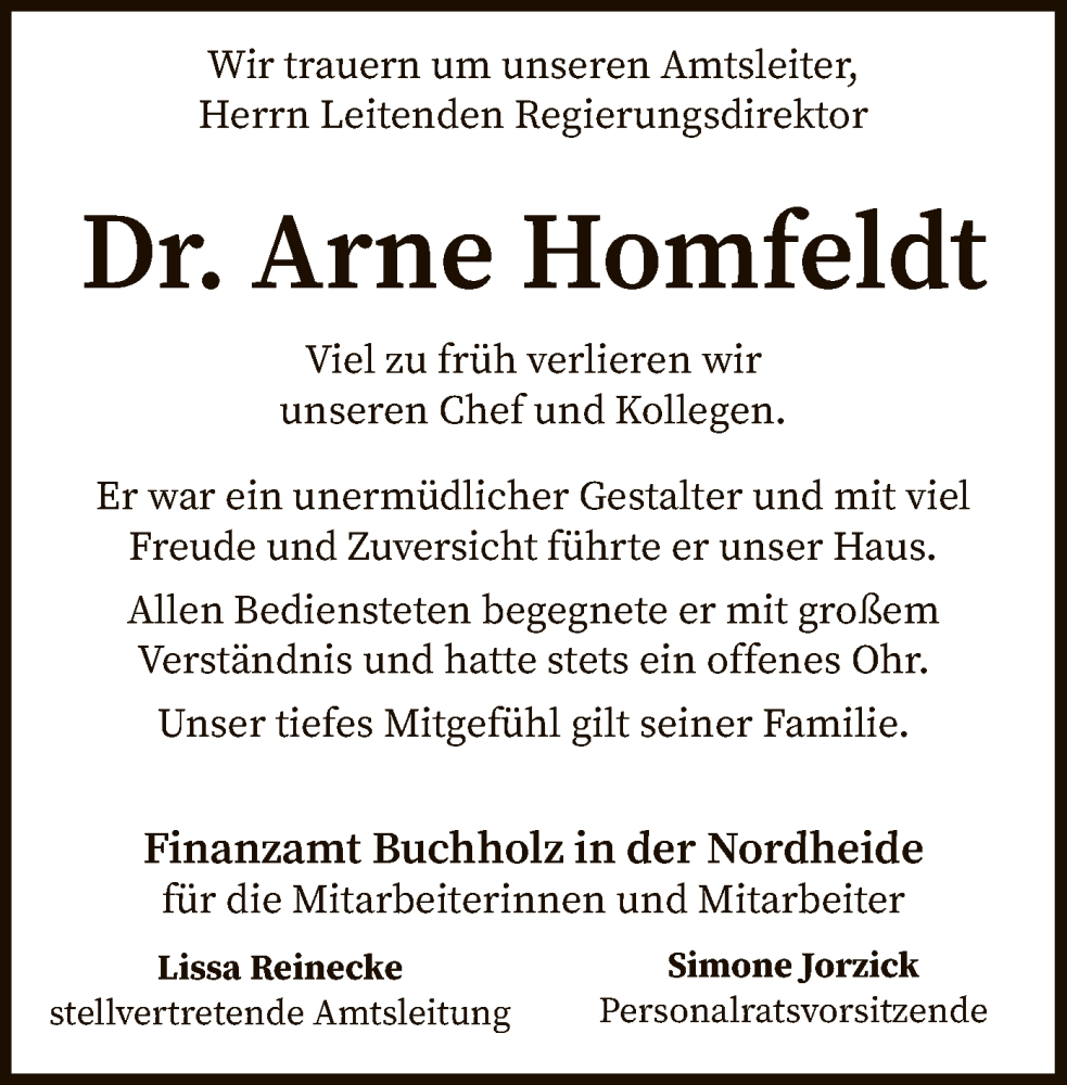  Traueranzeige für Arne Homfeldt vom 13.01.2023 aus SYK