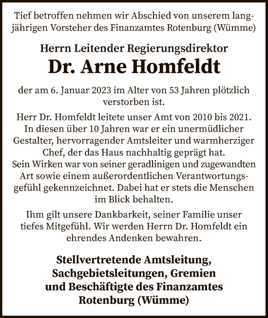 Traueranzeige von Arne Homfeldt von SYK