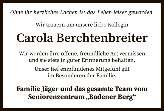 Traueranzeige von Carola Berchtenbreiter von SYK