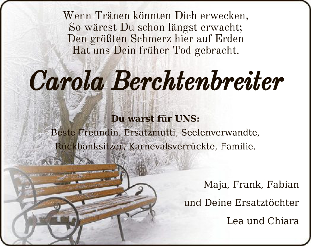  Traueranzeige für Carola Berchtenbreiter vom 06.01.2023 aus SYK