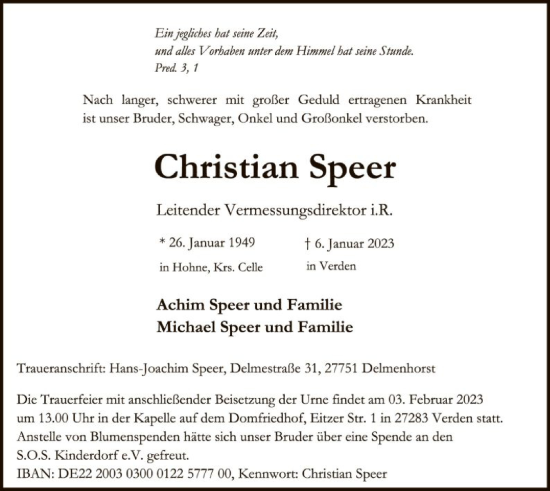 Traueranzeige von Christian Speer von SYK