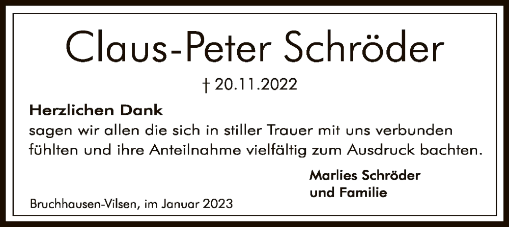  Traueranzeige für Claus-Peter Schröder vom 21.01.2023 aus SYK