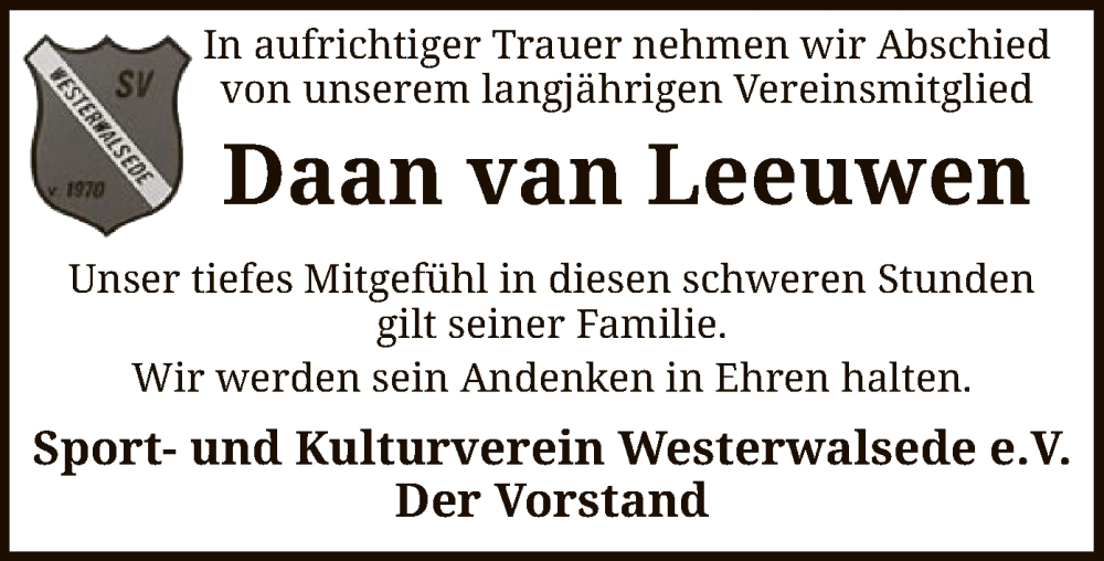  Traueranzeige für Daan van Leeuwen vom 28.01.2023 aus SYK