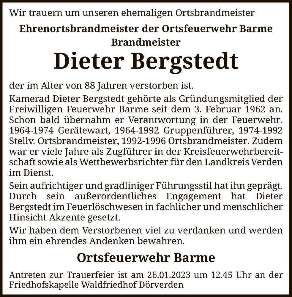  Traueranzeige für Dieter Bergstedt vom 24.01.2023 aus SYK