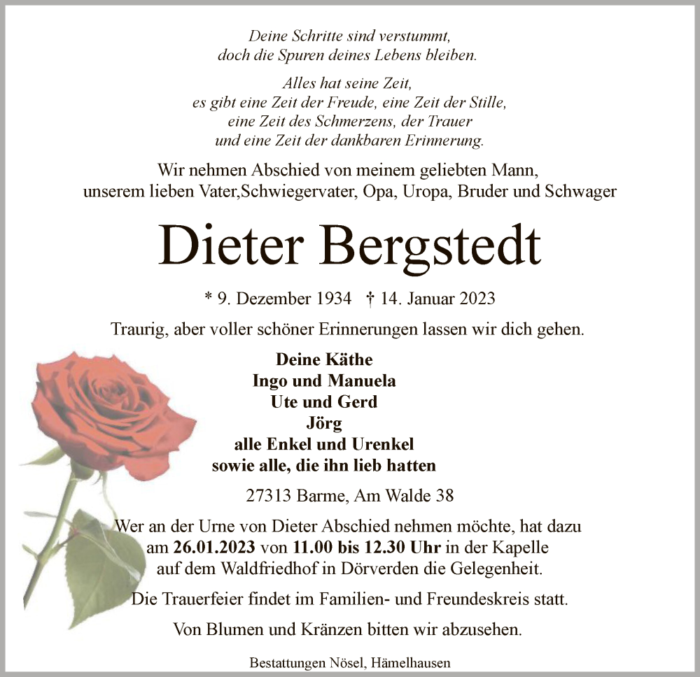  Traueranzeige für Dieter Bergstedt vom 23.01.2023 aus SYK