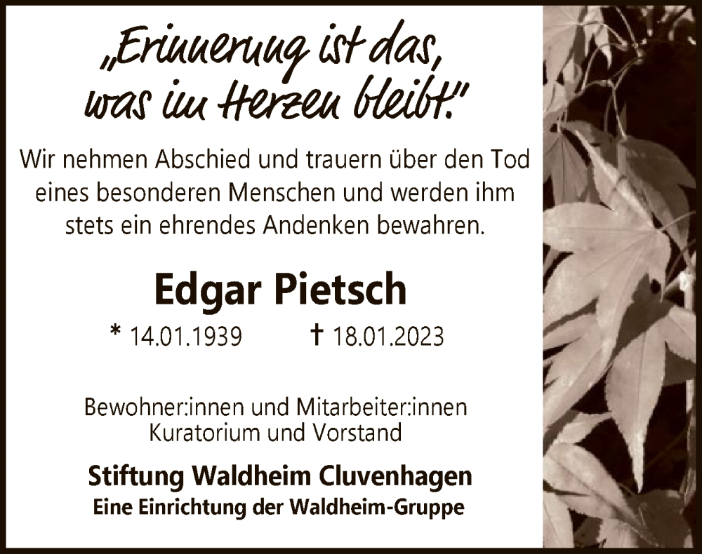  Traueranzeige für Edgar Pietsch vom 21.01.2023 aus SYK