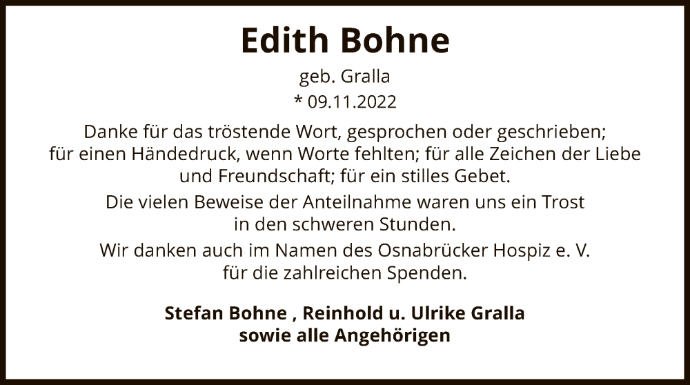  Traueranzeige für Edith Bohne vom 21.01.2023 aus SYK