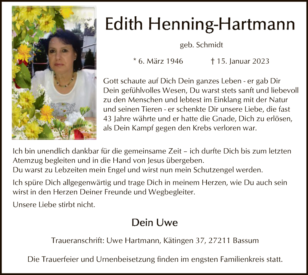  Traueranzeige für Edith Henning-Hartmann vom 28.01.2023 aus SYK