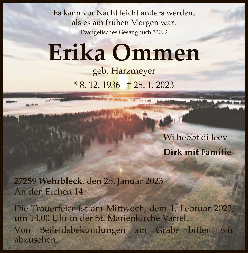  Traueranzeige für Erika Ommen vom 28.01.2023 aus SYK