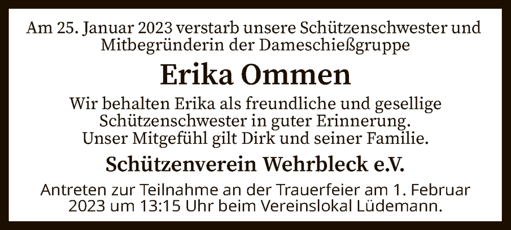 Traueranzeige für Erika Ommen vom 31.01.2023 aus SYK