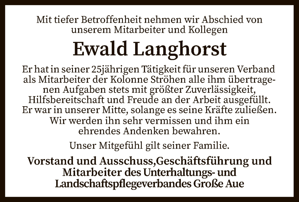  Traueranzeige für Ewald Langhorst vom 24.01.2023 aus SYK