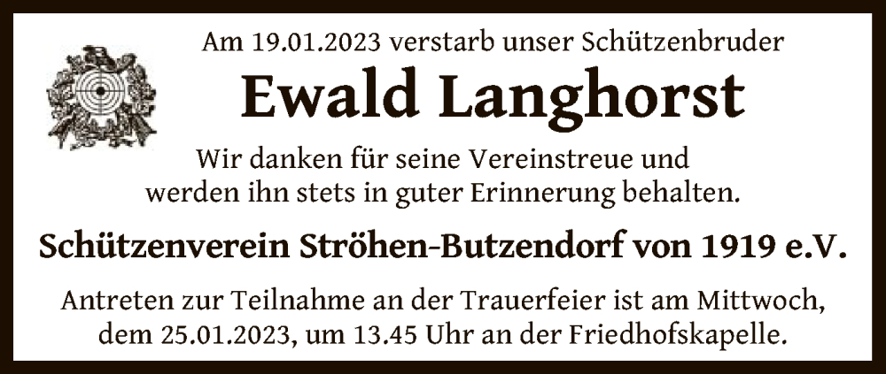  Traueranzeige für Ewald Langhorst vom 21.01.2023 aus SYK