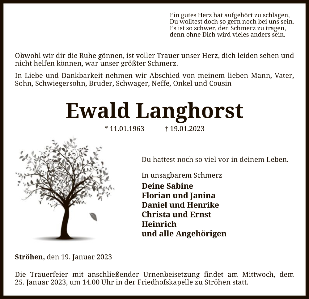  Traueranzeige für Ewald Langhorst vom 21.01.2023 aus SYK