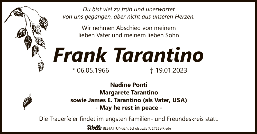  Traueranzeige für Frank Tarantino vom 28.01.2023 aus SYK