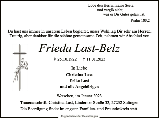 Traueranzeige von Frieda Last-Belz von SYK