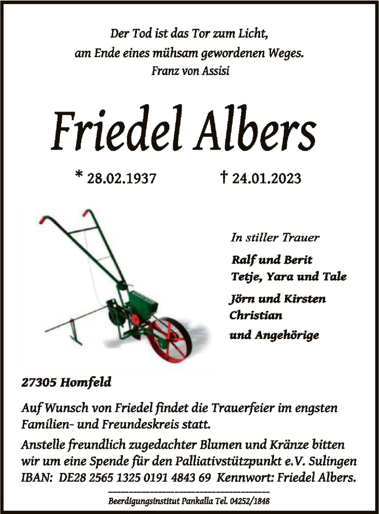  Traueranzeige für Friedel Albers vom 28.01.2023 aus SYK