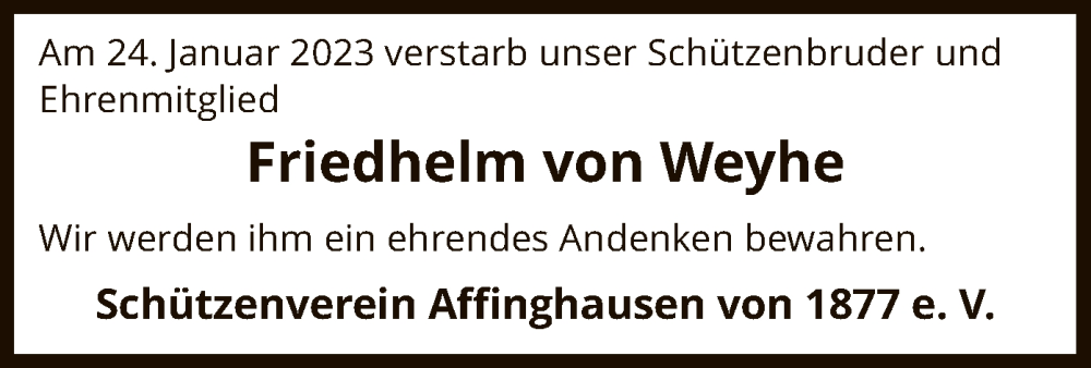  Traueranzeige für Friedhelm von Weyhe vom 28.01.2023 aus SYK