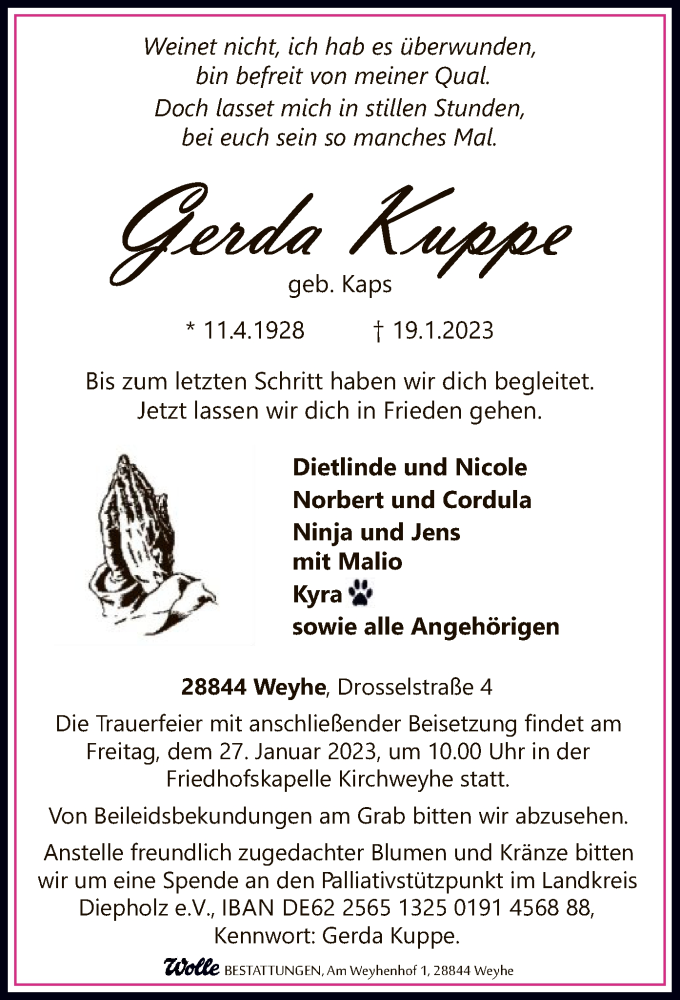  Traueranzeige für Gerda Kuppe vom 24.01.2023 aus SYK