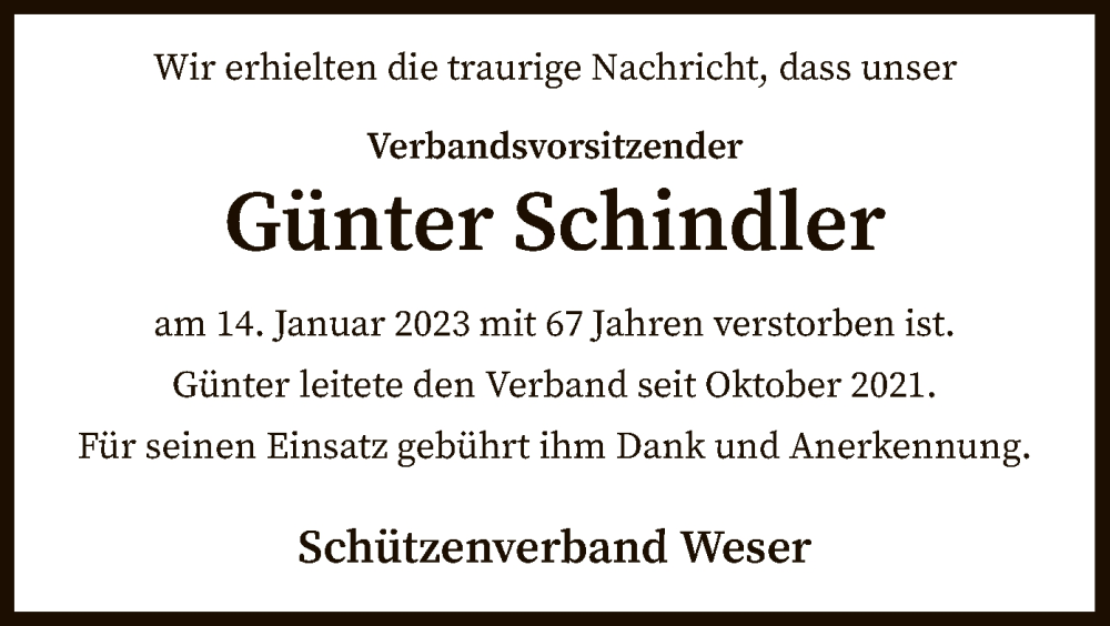 Traueranzeige für Günter Schindler vom 25.01.2023 aus SYK