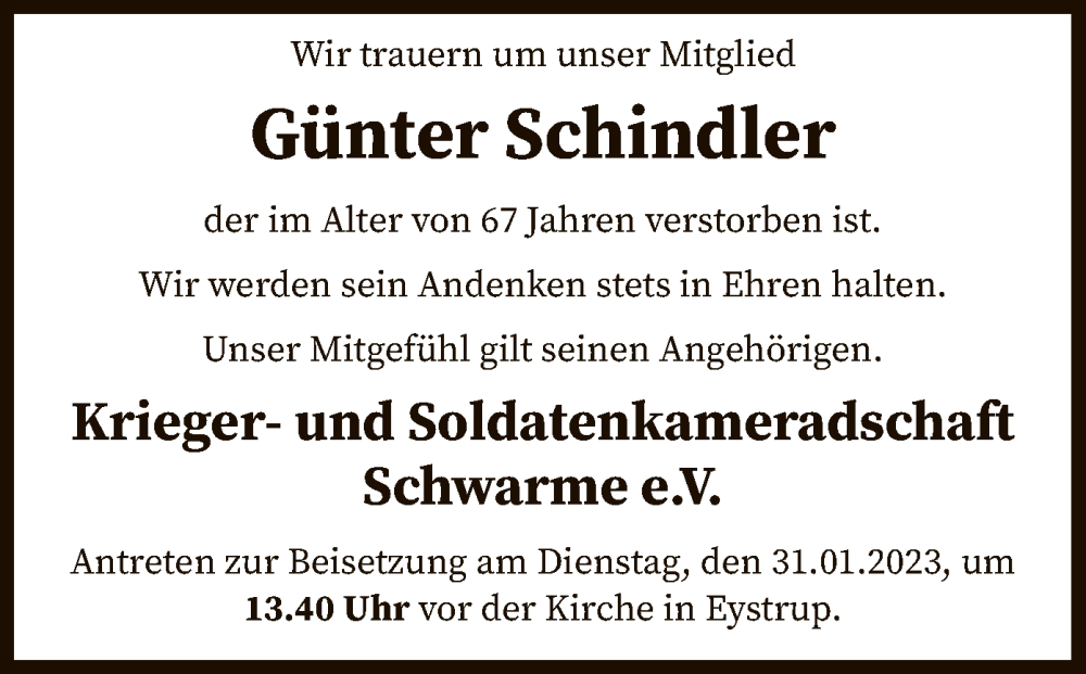  Traueranzeige für Günter Schindler vom 27.01.2023 aus SYK
