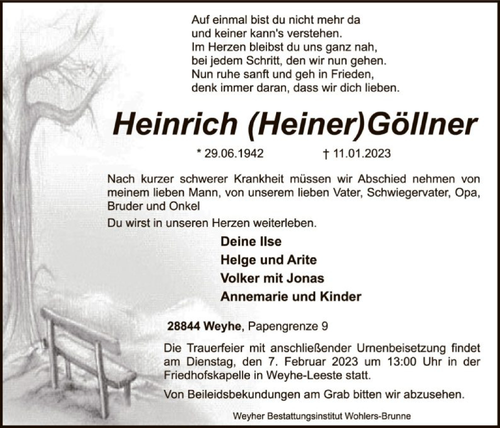  Traueranzeige für Heinrich Göllner vom 28.01.2023 aus SYK