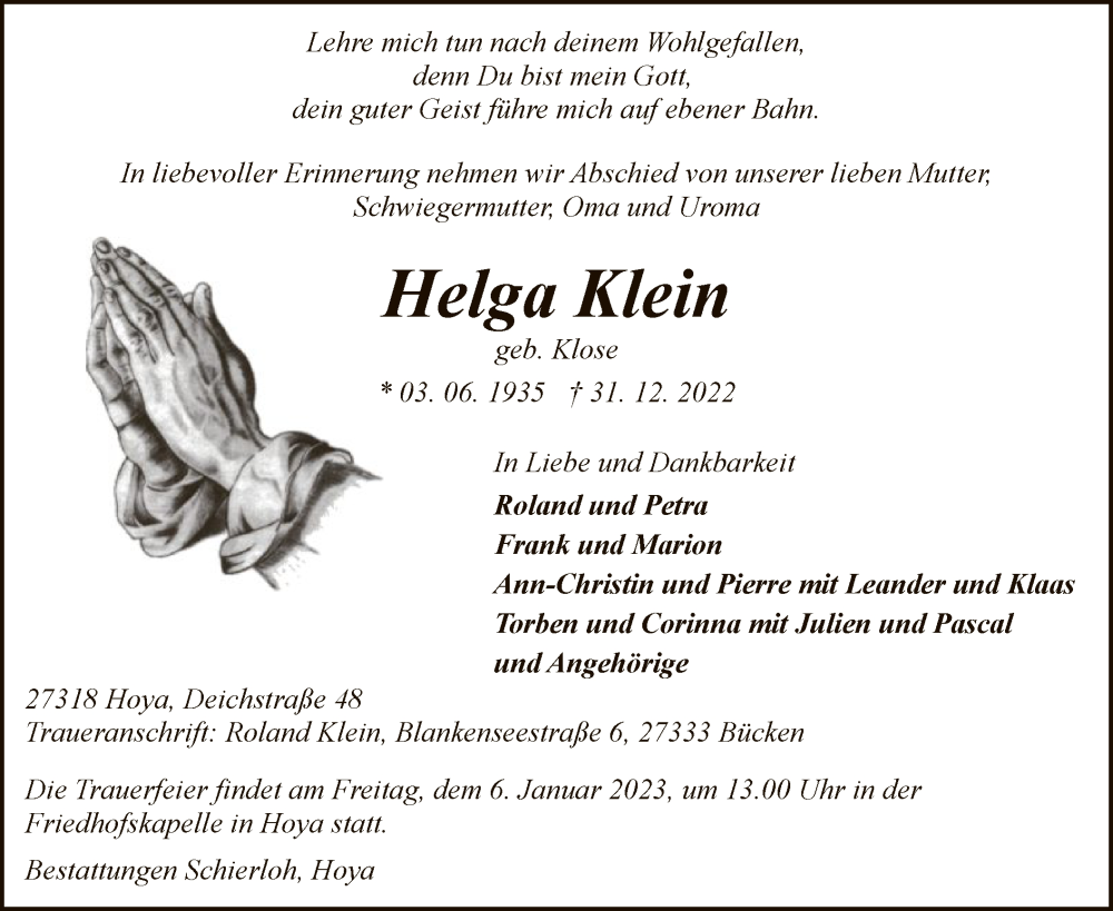 Traueranzeigen von Helga Klein | trauer.kreiszeitung.de