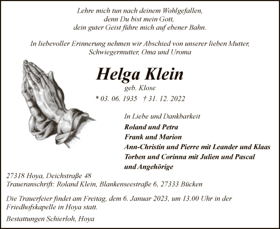 Traueranzeige von Helga Klein von SYK