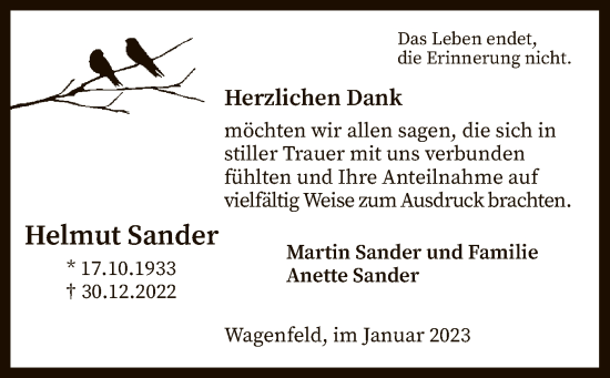 Traueranzeige von Helmut Sander von SYK