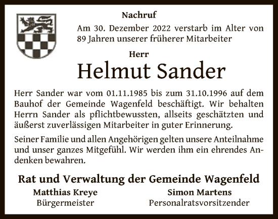 Traueranzeige von Helmut Sander von SYK