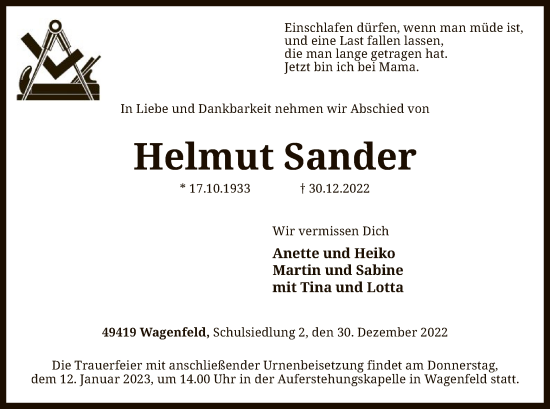 Traueranzeige von Helmut Sander von SYK