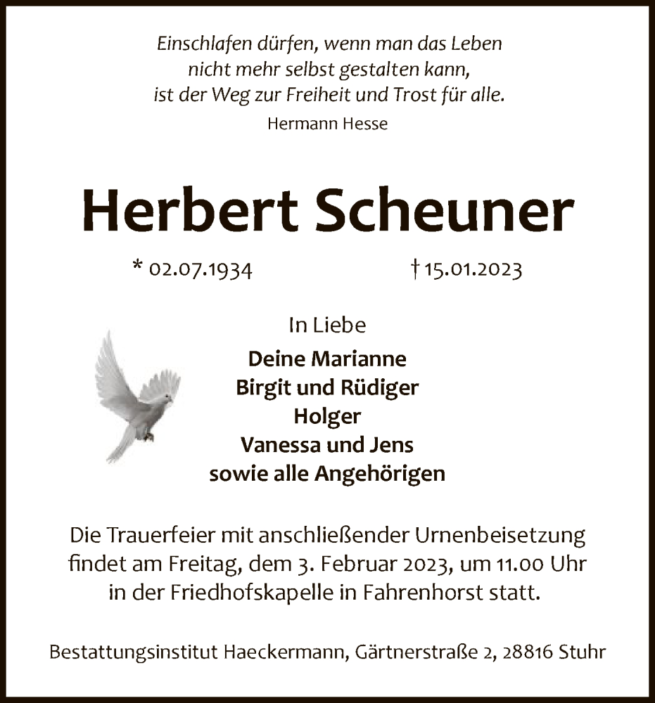  Traueranzeige für Herbert Scheuner vom 21.01.2023 aus SYK
