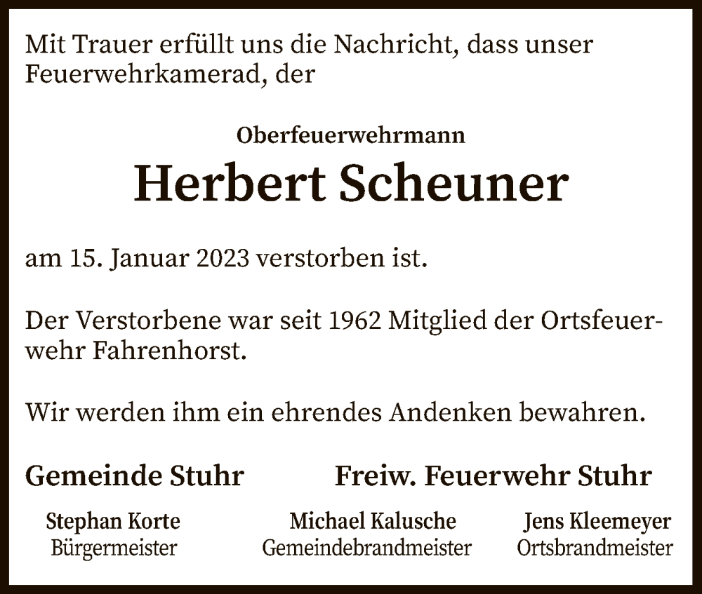  Traueranzeige für Herbert Scheuner vom 28.01.2023 aus SYK