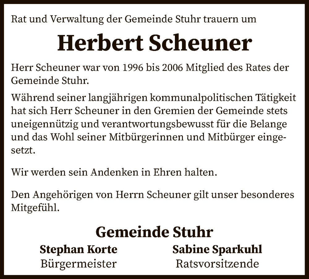  Traueranzeige für Herbert Scheuner vom 27.01.2023 aus SYK