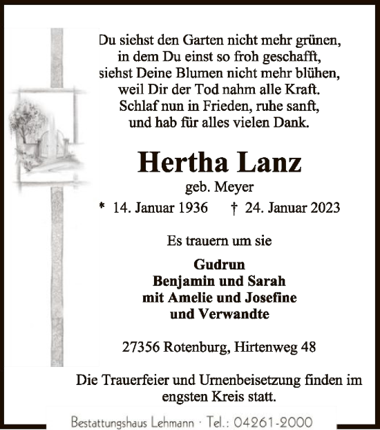 Traueranzeige von Hertha Lanz von SYK