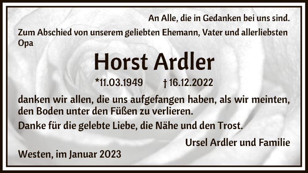  Traueranzeige für Horst Ardler vom 21.01.2023 aus SYK