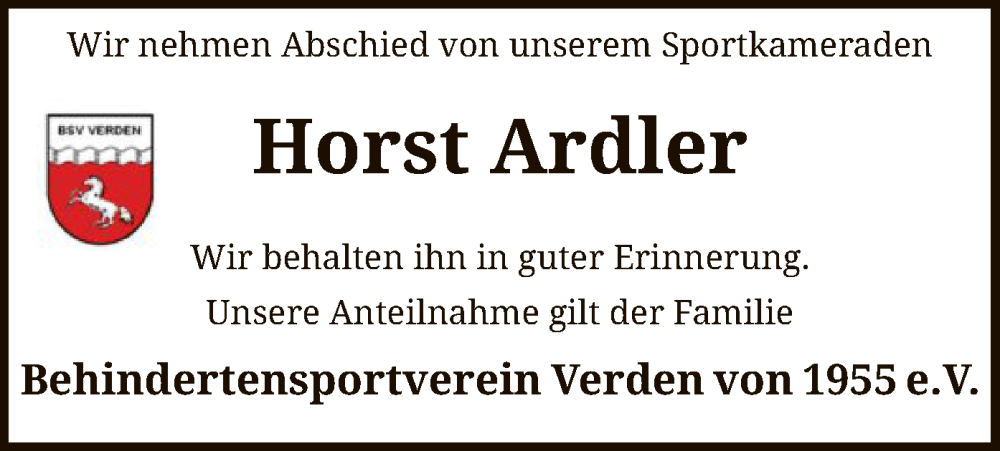 Traueranzeige für Horst Ardler vom 05.01.2023 aus SYK