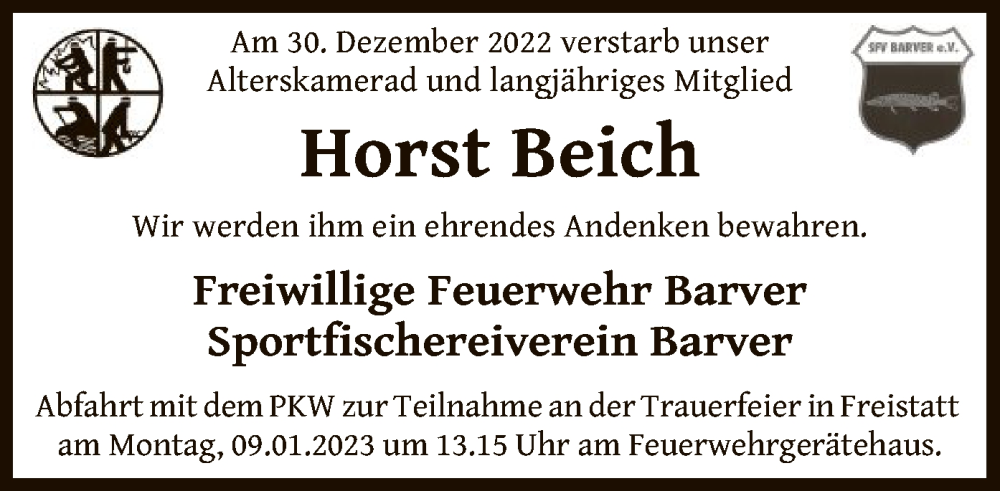  Traueranzeige für Horst Beich vom 06.01.2023 aus SYK