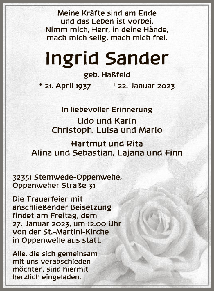  Traueranzeige für Ingrid Sander vom 24.01.2023 aus SYK