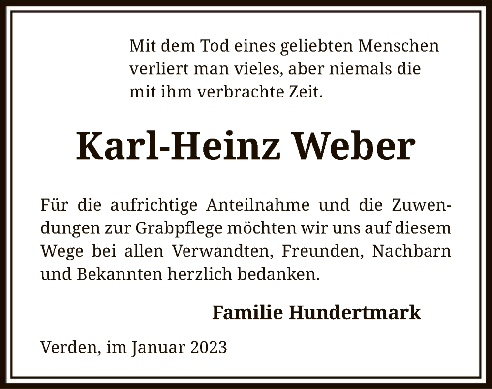  Traueranzeige für Karl-Heinz  Weber vom 14.01.2023 aus SYK