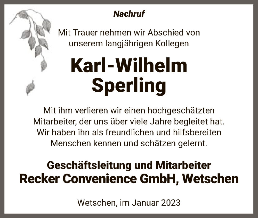  Traueranzeige für Karl-Wilhelm Sperling vom 30.01.2023 aus SYK