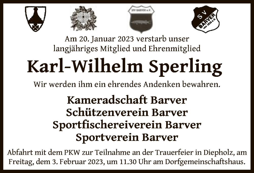  Traueranzeige für Karl-Wilhelm Sperling vom 28.01.2023 aus SYK