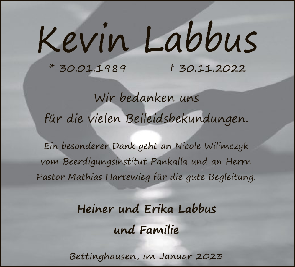  Traueranzeige für Kevin Labbus vom 21.01.2023 aus SYK