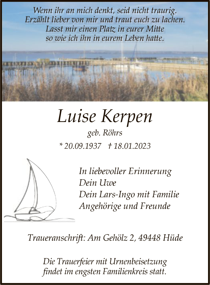  Traueranzeige für Luise Kerpen vom 21.01.2023 aus SYK