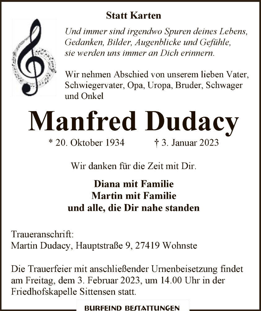  Traueranzeige für Manfred Dudacy vom 28.01.2023 aus SYK